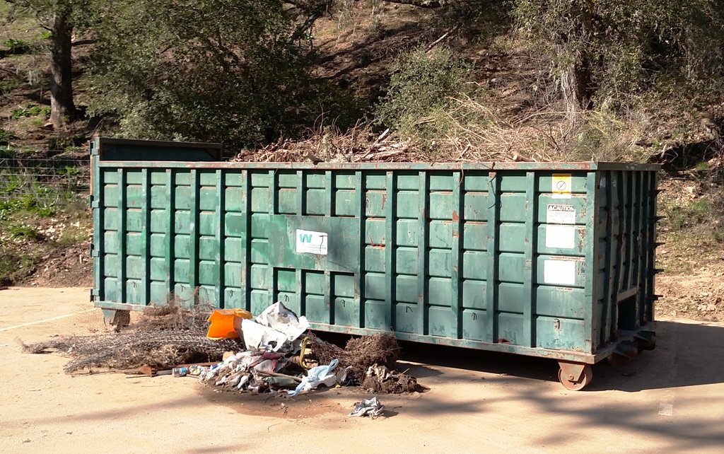 A full green waste dumpster and the trash pile.